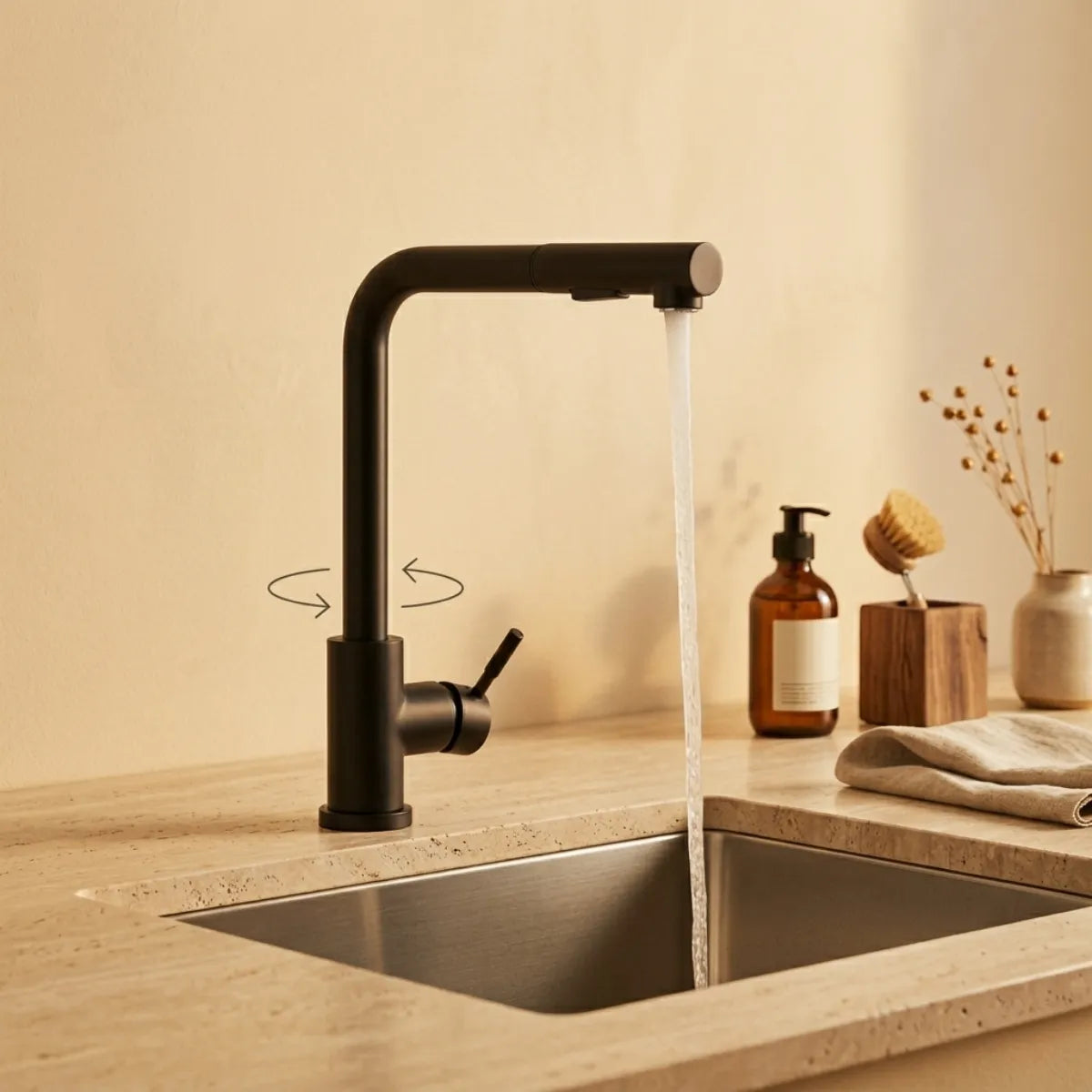 Torneira para cozinha gourmet preta Noir em uso com jato contínuo na cuba de inox, com setas ilustrando rotação de 360° da bica, bancada de travertino e acessórios naturais.