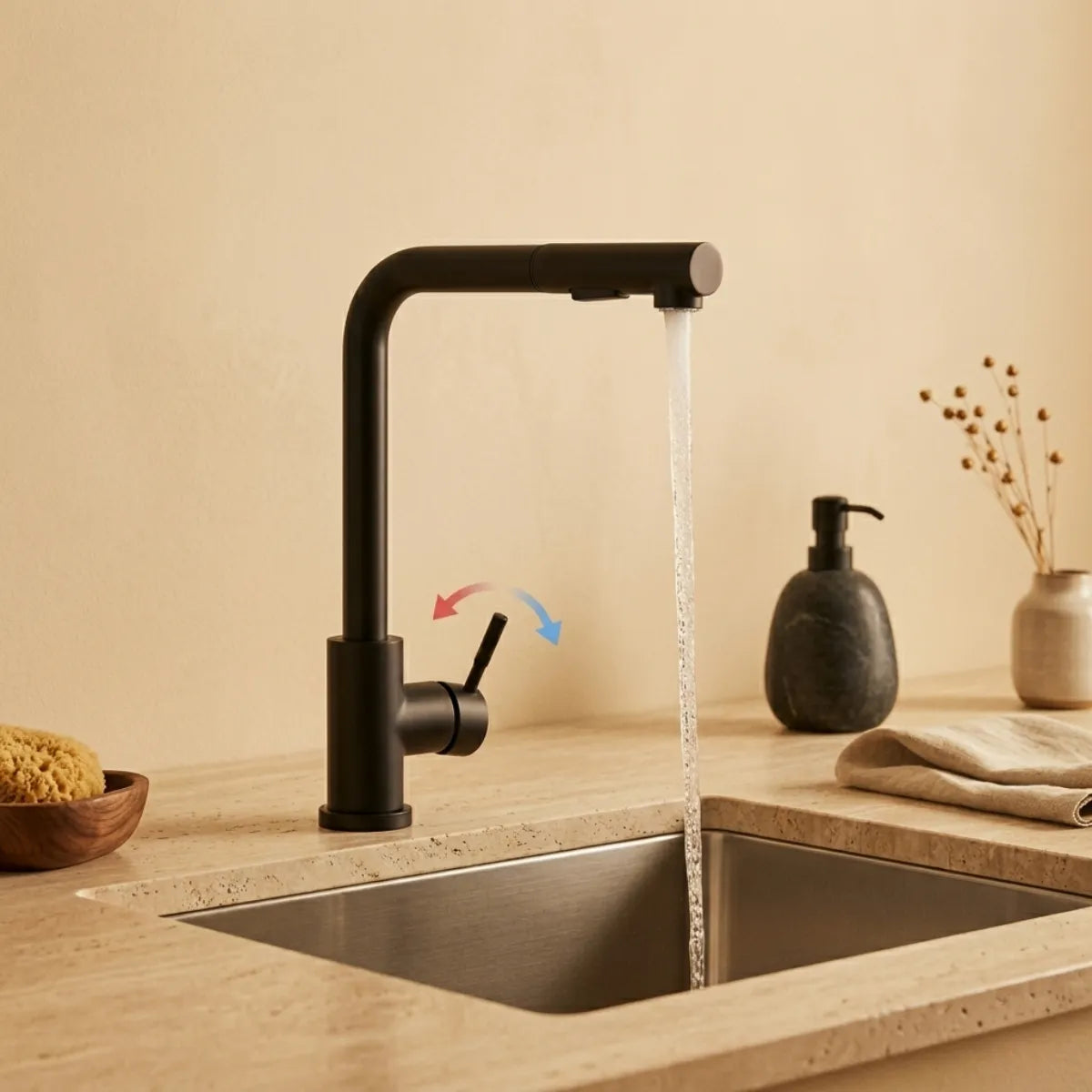 Torneira para cozinha monocomando preta extensível com jato ativo e setas indicando controle de temperatura quente e fria pela alavanca, bancada de travertino com saboneteira.