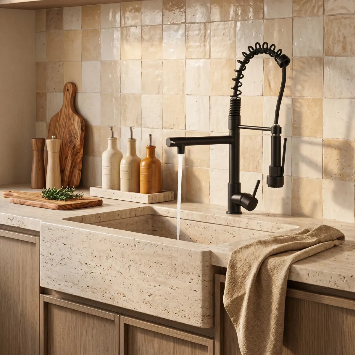 Torneira para cozinha gourmet preta com mola espiral e ducha flexível, instalada sobre cuba de travertino em bancada estilo provençal com revestimento zellige bege e acessórios de cozinha ao fundo.
