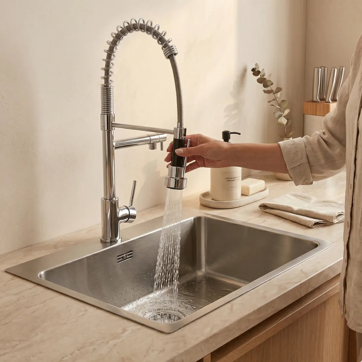 Mão direcionando a ducha flexível da torneira para cozinha cromada em modo chuveiro sobre cuba de inox embutida, bancada de mármore com sabão e eucalipto ao fundo.