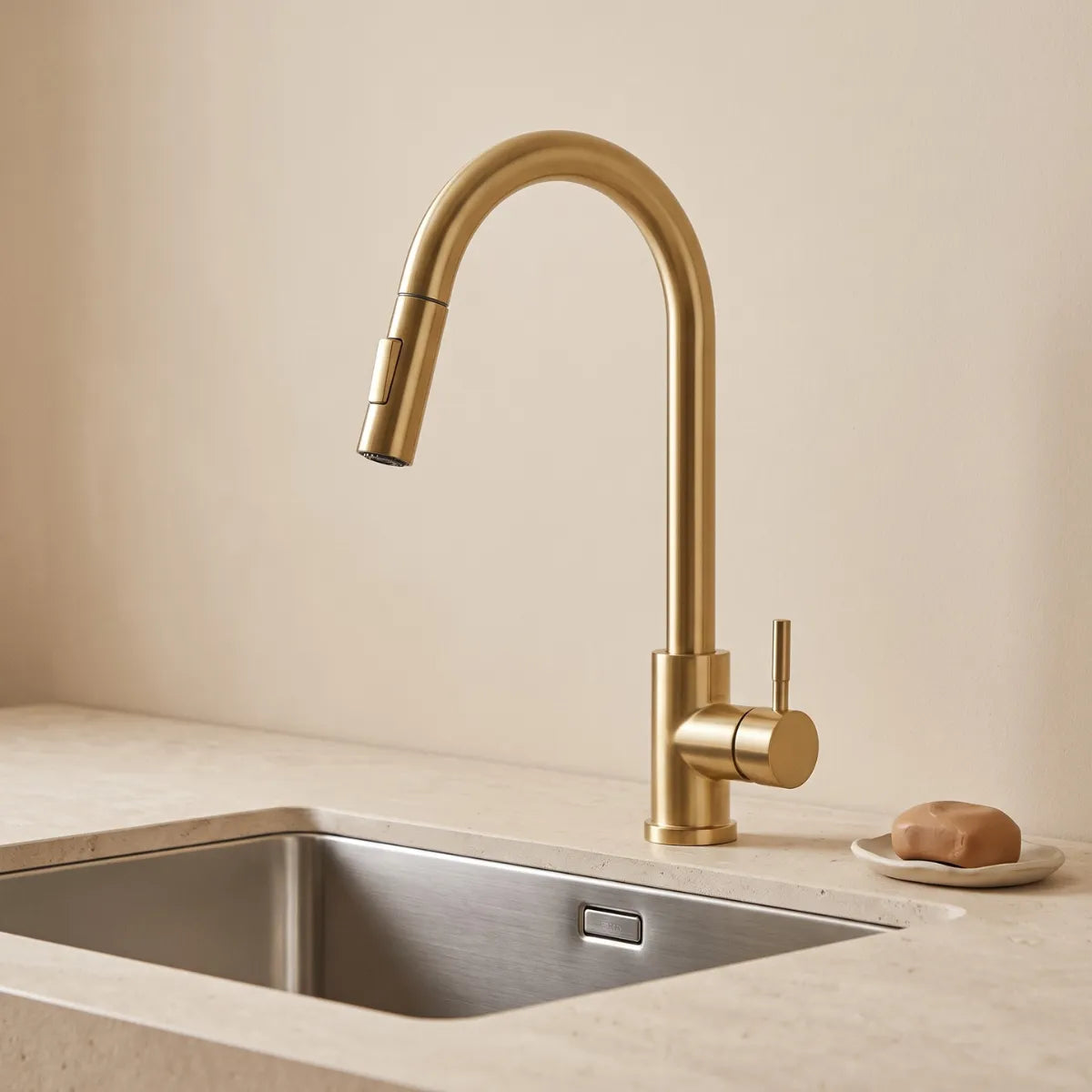Torneira para cozinha gourmet dourada escovada Épure com bica em arco e ducha extensível recolhida, instalada em bancada de travertino com cuba de inox e sabonete artesanal ao lado.