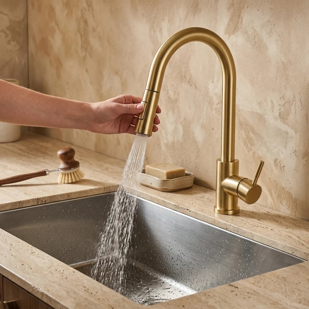 Mão puxando a ducha extensível da torneira para cozinha dourada Épure em modo chuveiro, jato em leque sobre cuba de inox embutida em travertino com escova de madeira ao lado.