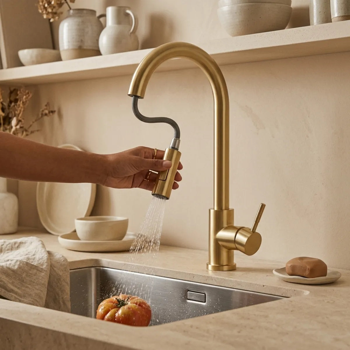 Mão direcionando a ducha da torneira para cozinha dourada escovada para lavar tomate na cuba de inox, com prateleira de cerâmica e sabonete ao fundo, bancada neutra.