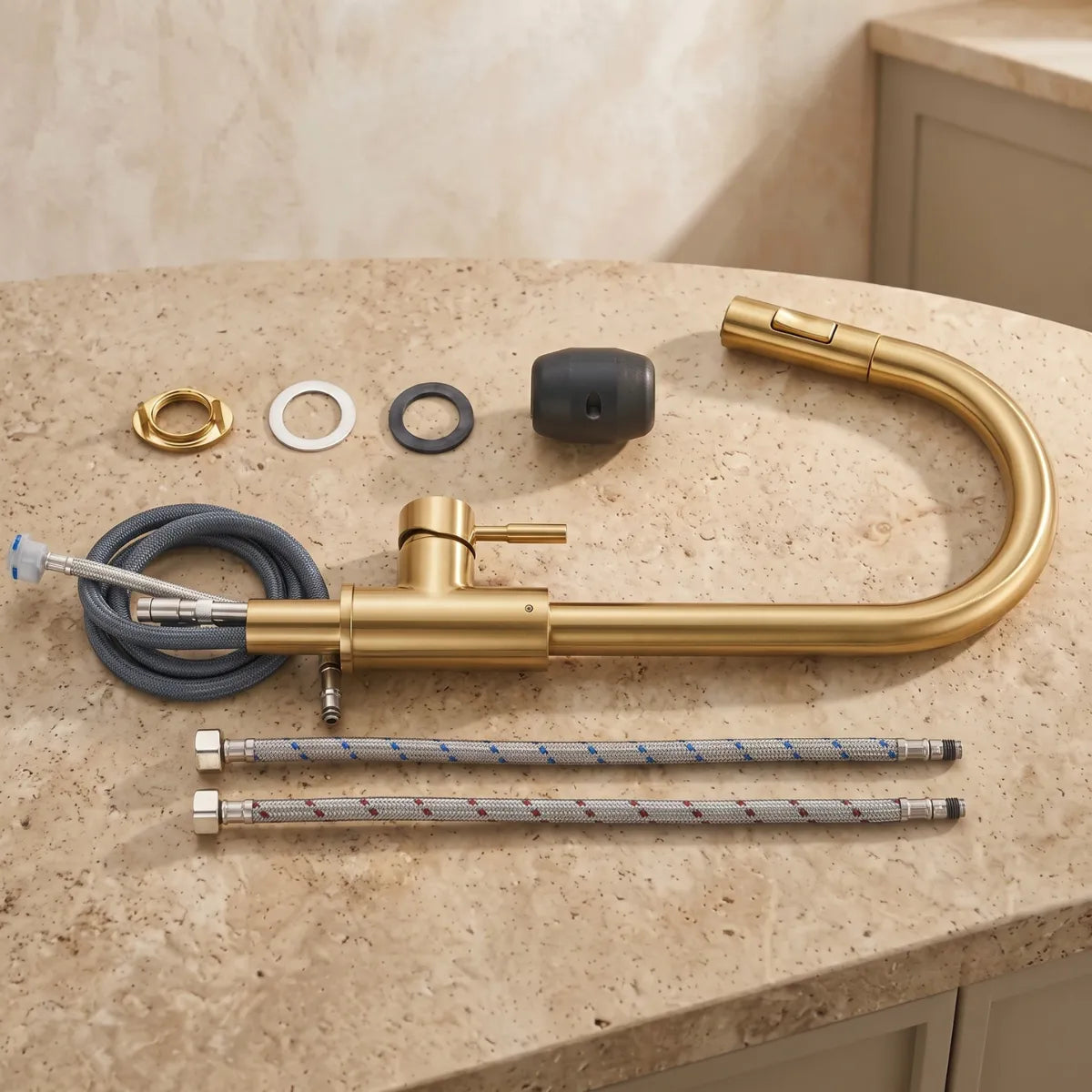 Kit completo da torneira para cozinha extensível dourada escovada Épure desmontada sobre travertino, com bica em arco, ducha retrátil, mangueiras trançadas, porca dourada e vedações inclusas.