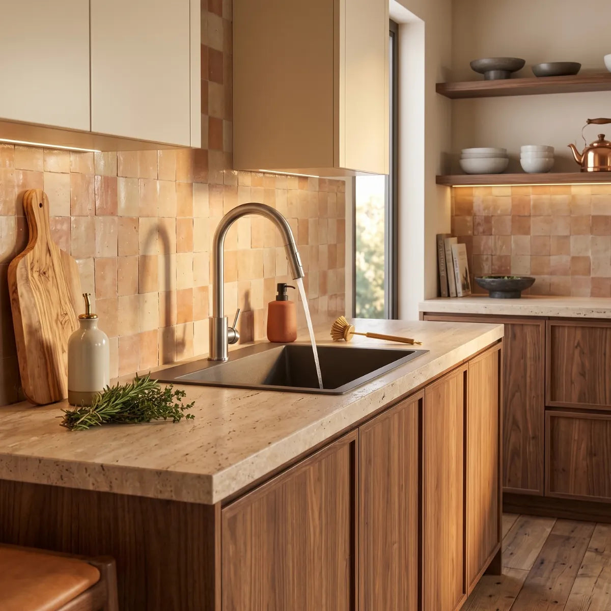 Torneira para cozinha Épure inox em cozinha estilo rústico, com revestimento em zellige terracota, bancada de travertino, tábuas de madeira e ervas frescas.