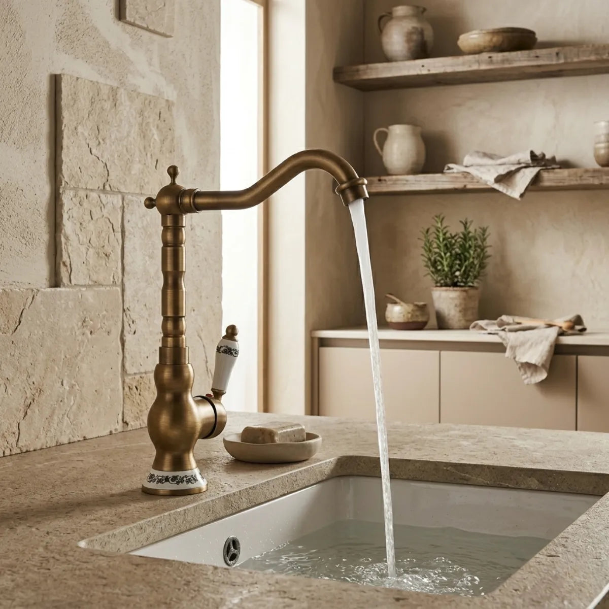 Imagem de uma torneira para cozinha de latão em modelo clássico na cor dourado envelhecido em pia de cozinha rústica ligada enchendo cuba com agua