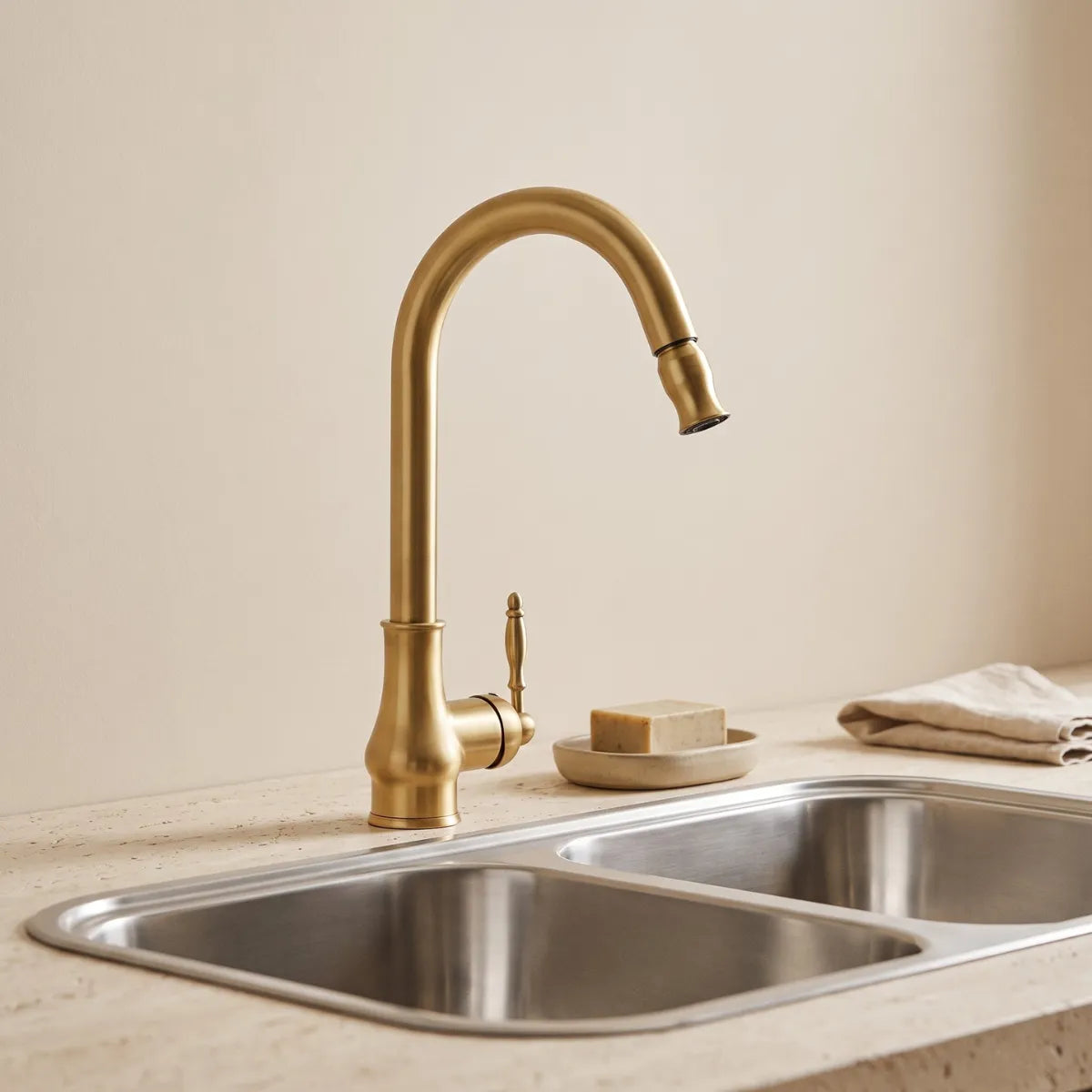 Torneira para cozinha vintage dourada escovada com bica alta e ducha retrátil sobre pia dupla de inox em bancada de travertino
