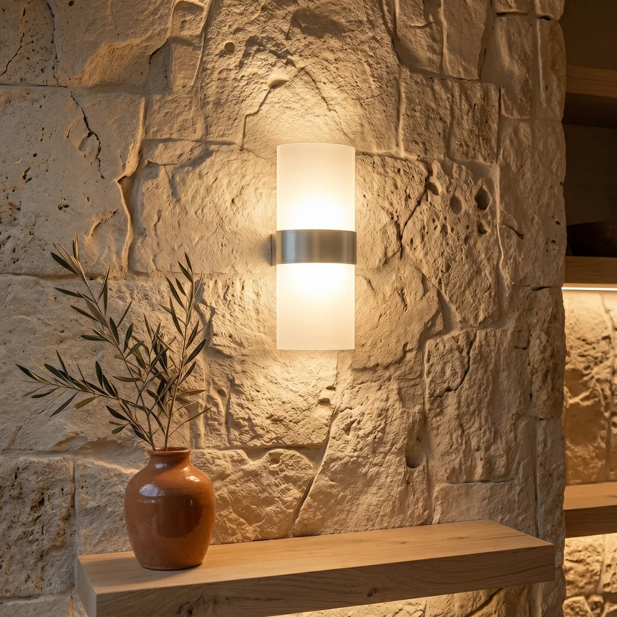 Arandela translúcida com acabamento em aço escovado fixada em parede de pedra rústica, projetando luz quente para cima e para baixo. À frente, prateleira de madeira clara com vaso de cerâmica terracota e galho de oliveira.