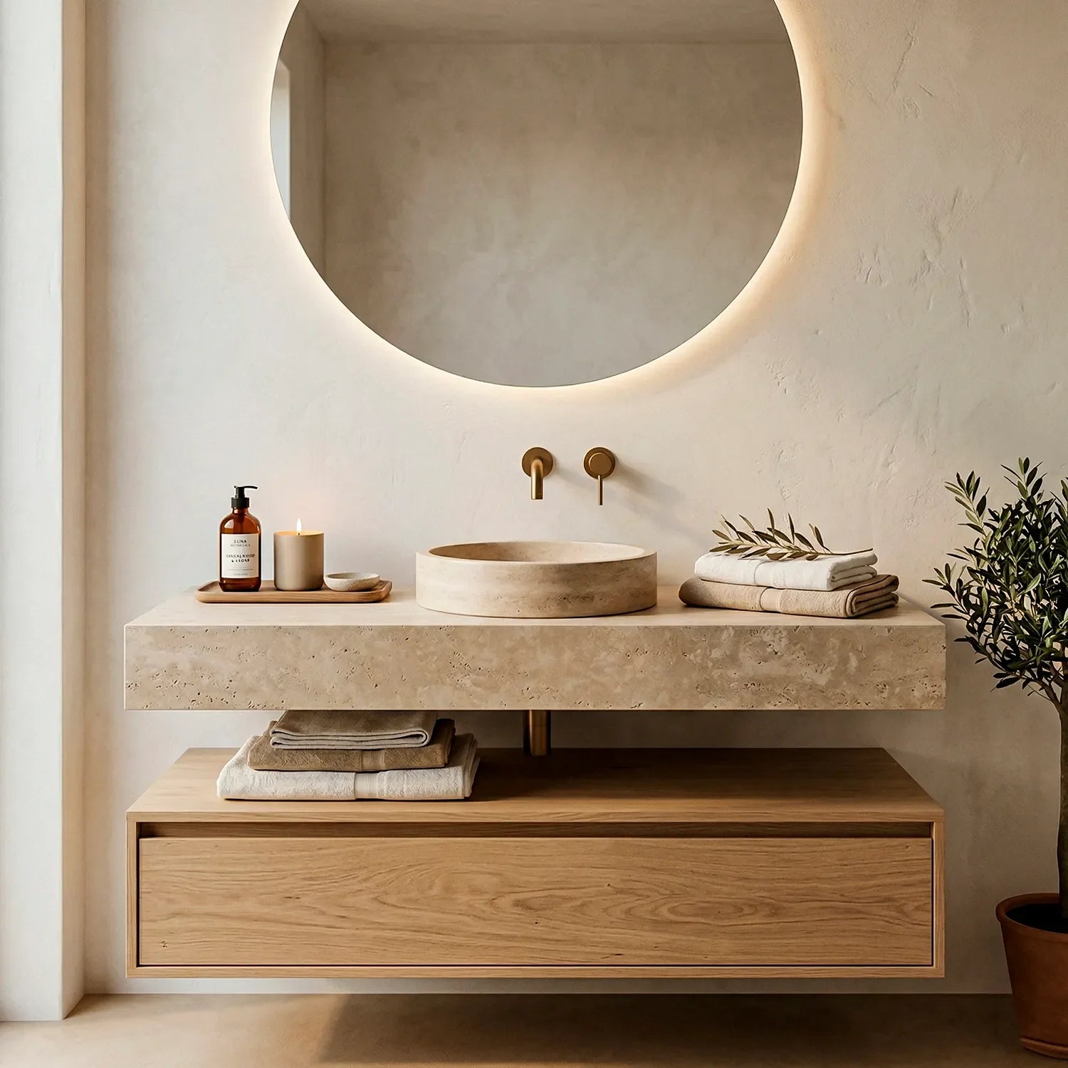 Banheiro minimalista com bancada e cuba de pedra travertino, torneiras douradas embutidas e espelho redondo retroiluminado. Abaixo, gaveta flutuante de madeira clara. Decoração com sabonete, vela, toalhas e planta.
