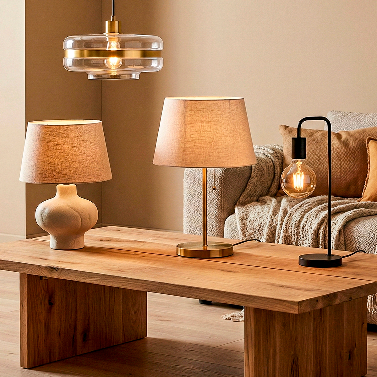 Composição de iluminação para sala de estar com pendente de vidro dourado e trio de abajures de mesa em estilos variados (cerâmica, metal dourado e industrial preto).