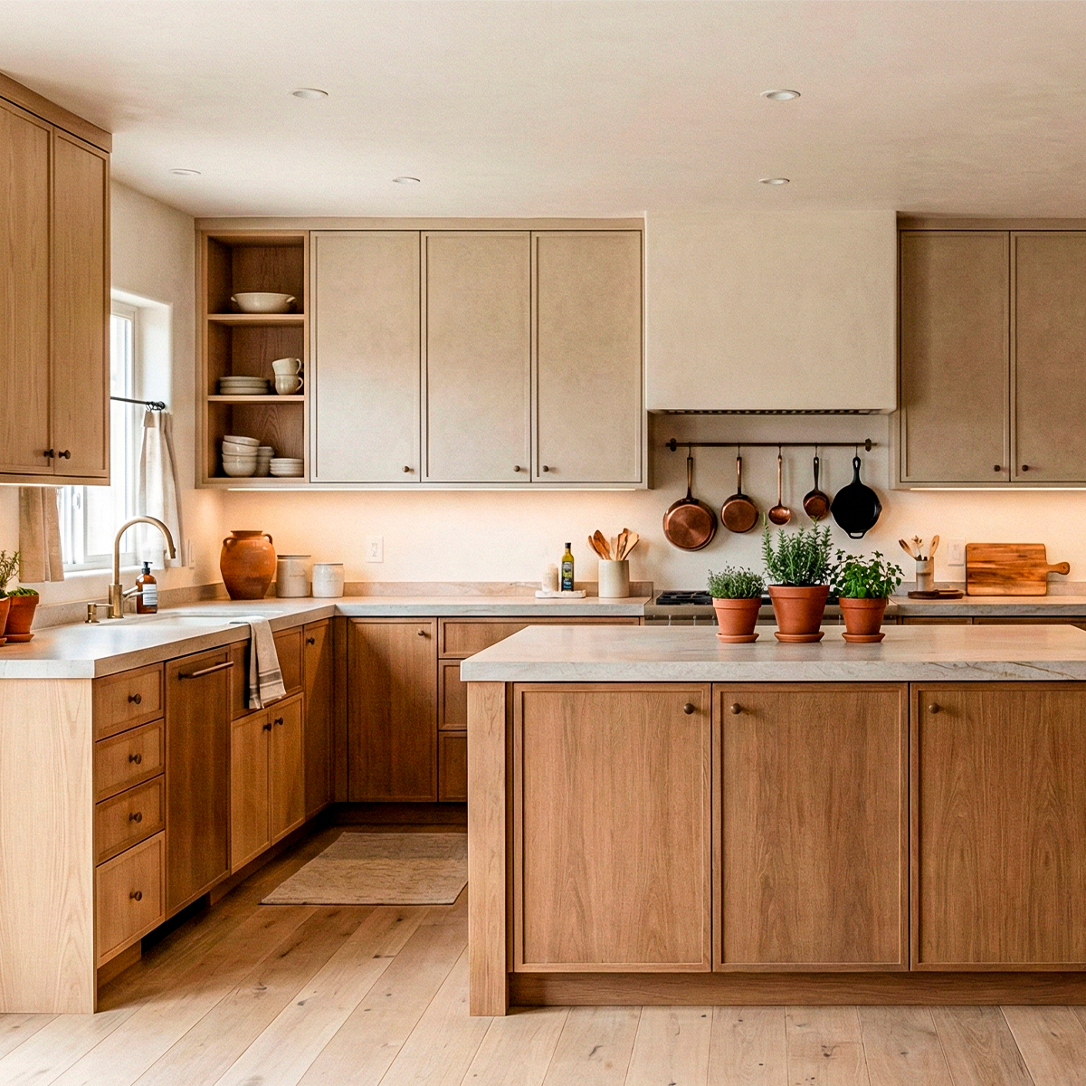 Cozinha planejada moderna em madeira clara com ilha central decorada com vasos de barro com ervas frescas e utensílios de cobre pendurados.