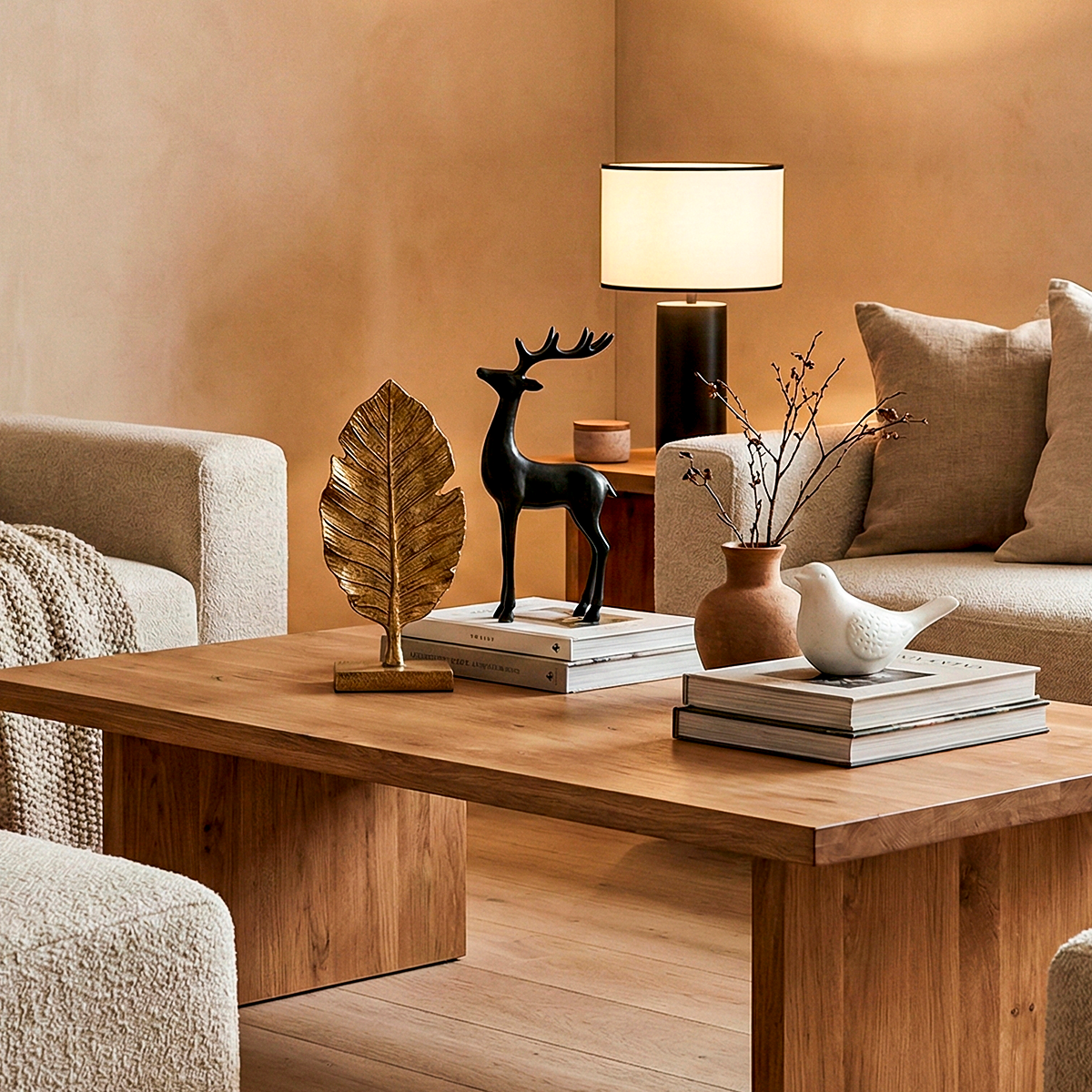Decoração sofisticada de mesa de centro em madeira com esculturas modernas: folha dourada, cervo preto e pássaro de cerâmica ao lado de abajur minimalista.