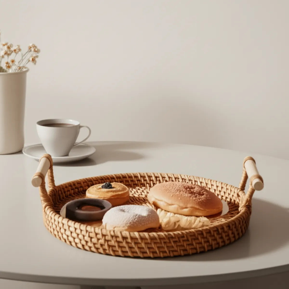 bandeja-decorativa-cesto-de-vime-redondo-artesanal-modernize-foto-bandeja-em-vime-com-delicias-em-mesa-branca-de-cafe