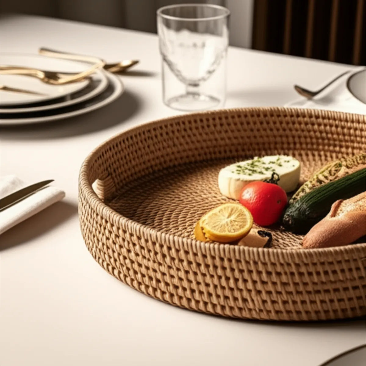 bandeja-decorativa-cesto-de-vime-redondo-tecido-a-mao-modernize-foto-cesto-em-mesa-posta-moderna-branco-claro-limpo