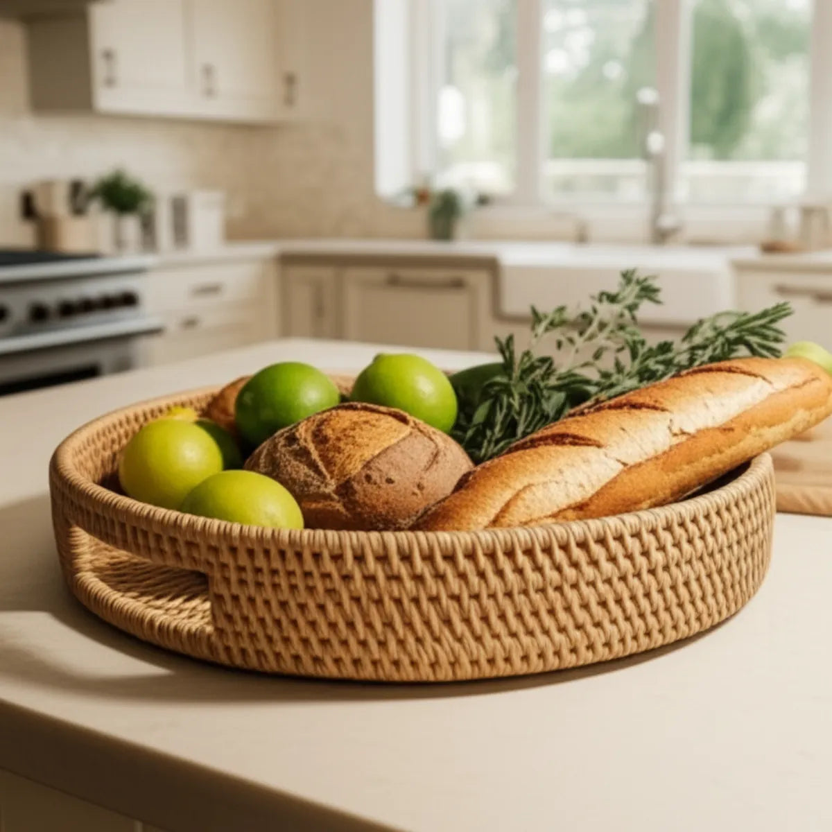 bandeja-decorativa-cesto-de-vime-redondo-tecido-a-mao-modernize-foto-cesto-em-mesa-com-alimentos-luxuosa-branco-claro-limpo