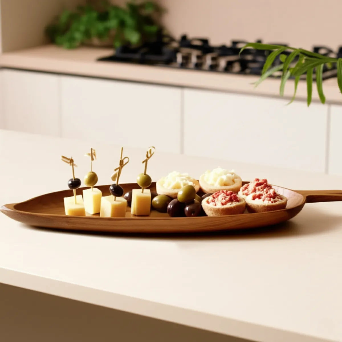 bandeja-decorativa-de-madeira-rustica-folha-modernize-foto-bandeja-com-aperitivos-sobre-balcao-moderno-ambiente-claro-bege