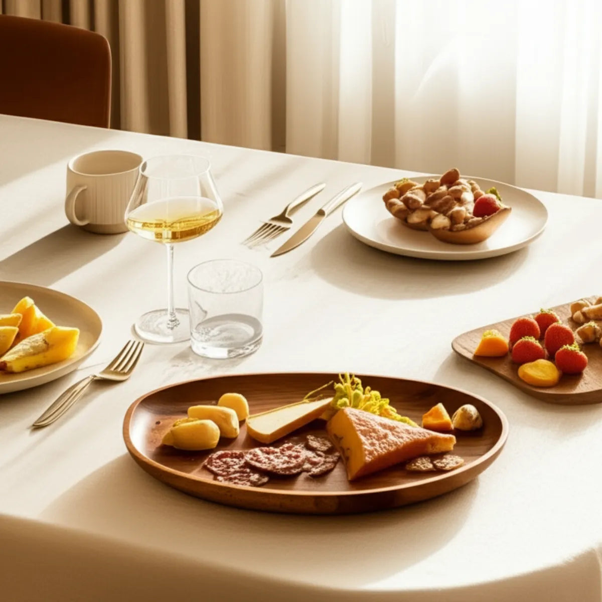 bandeja-decorativa-organica-de-madeira-macica-oval-modernize-foto-bandeja-com-aperitivos-em-mesa-posta-de-luxo-branca-ambiente-iluminado
