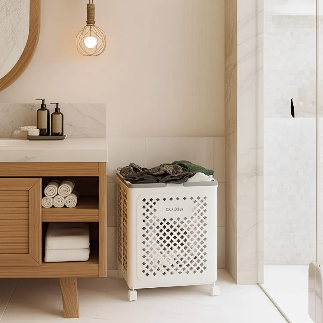 cesto-de-roupa-suja-dobravel-com-rodas-douba-branco-modernize-foto-cesto-de-roupa-suja-branco-com-roupas-em-banheiro-moderno