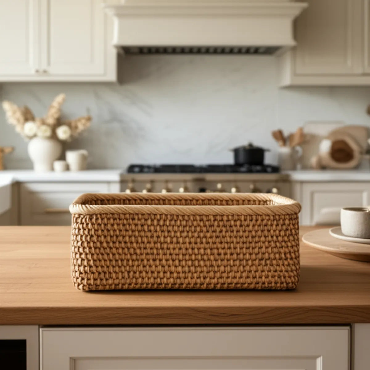 cesto-de-vime-retangular-tecido-a-mao-modernize-foto-cesto-em-cozinha-luxuosa-minimalista-ambiente-claro-bege
