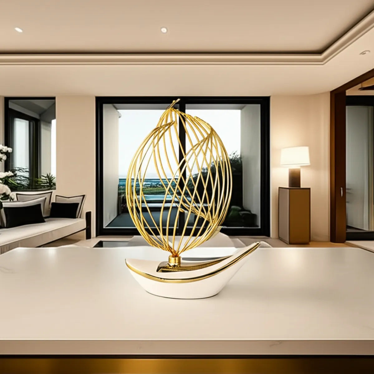 escultura-decorativa-barco-a-vela-exclusive-branco-gold-modernize-foto-escultura-barco-a-vela-em-mesa-de-sala-moderna-arejada