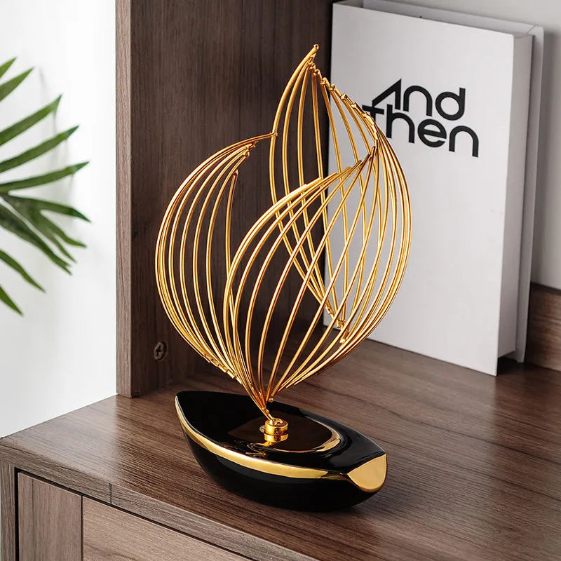 escultura-decorativa-barco-a-vela-preto-gold-modernize-foto-escultura-sobre-estante-ambiente-claro