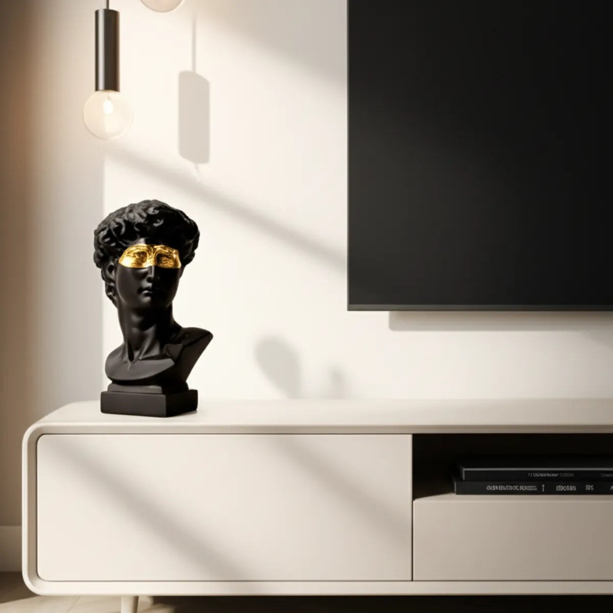 escultura-decorativa-busto-de-davi-preto-modernize-foto-frontal-escultura-de-davi-moderna-em-rack-de-tv