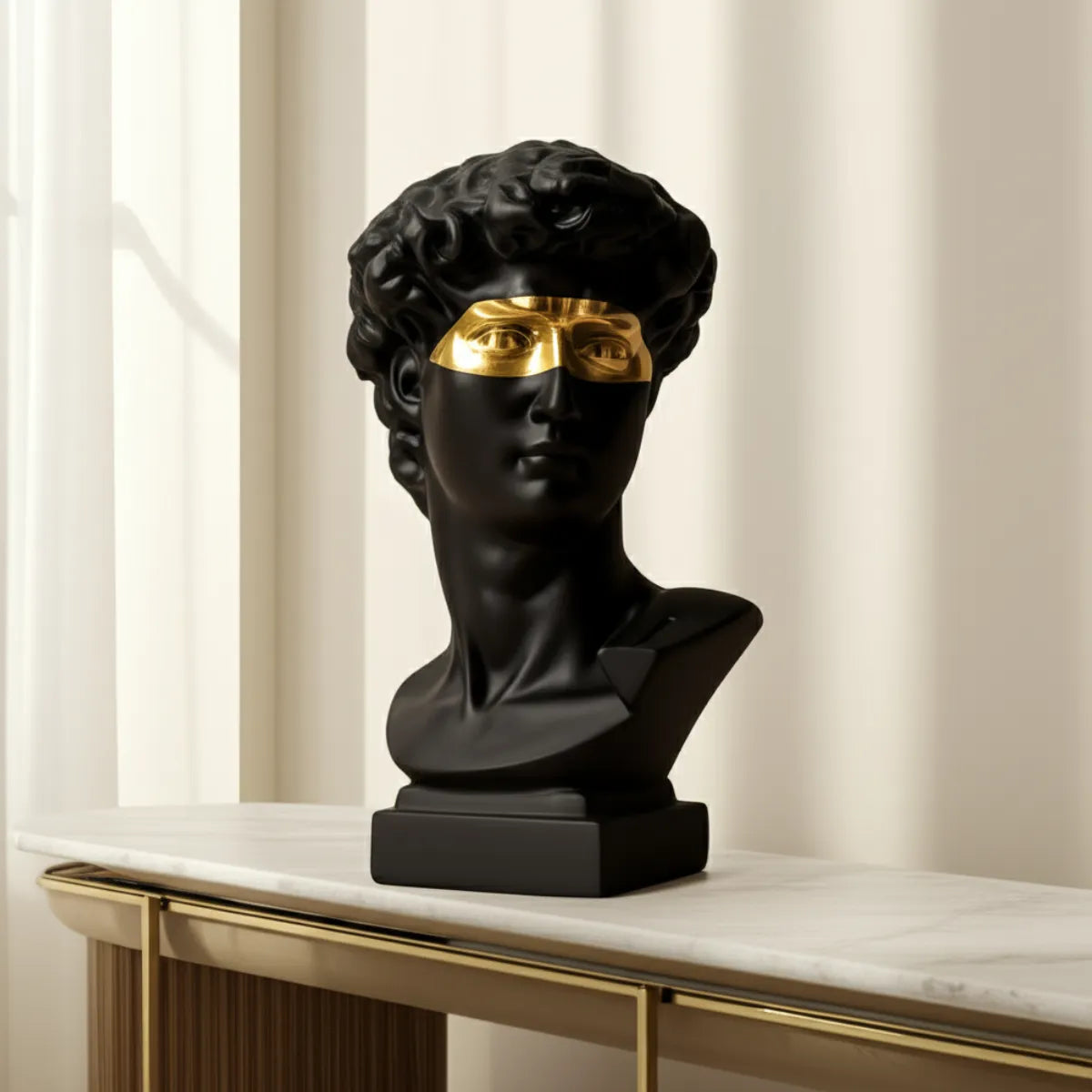 escultura-decorativa-busto-de-davi-preto-modernize-foto-frontal-escultura-de-davi-moderna-sobre-mesa-minimalista-moderna