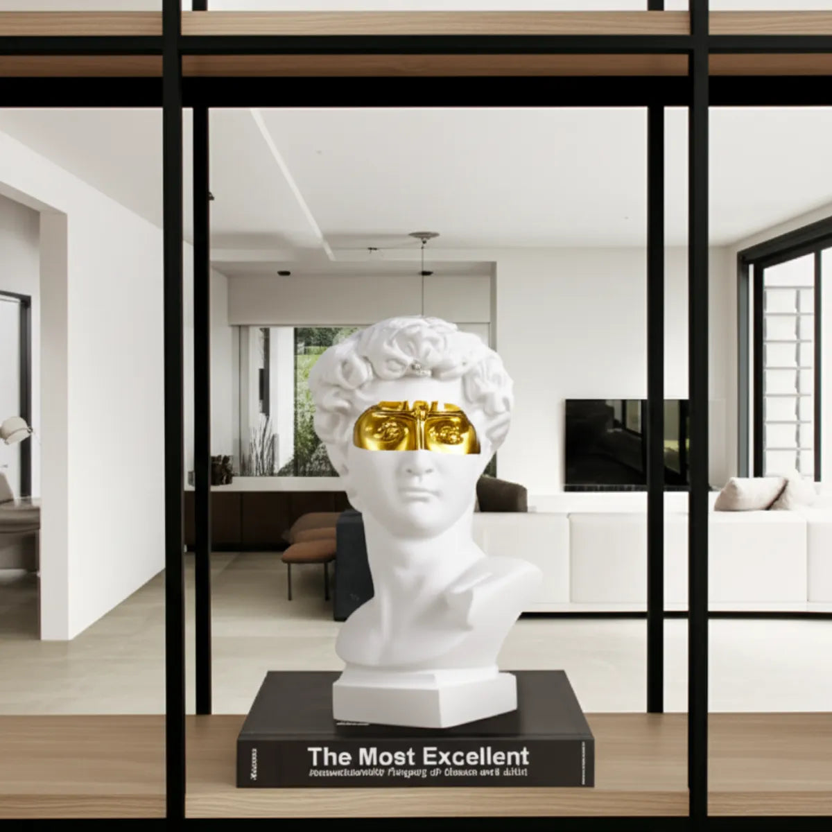 escultura-decorativa-busto-de-davi-branco-modernize-foto-frontal-escultura-de-davi-moderna-sobre-prateleira