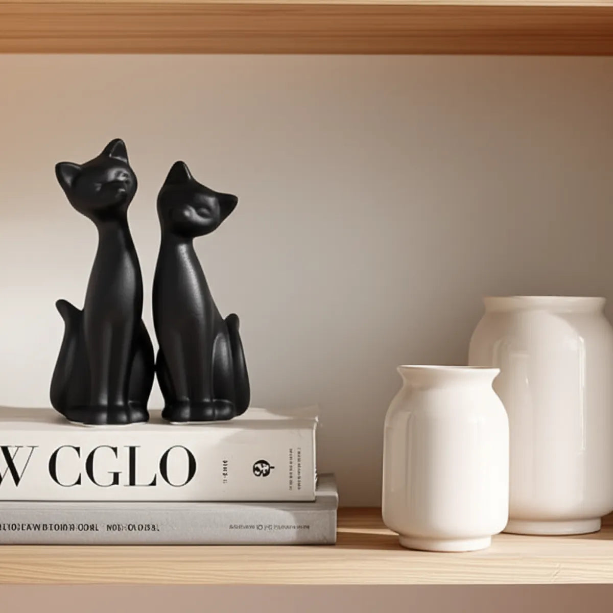 escultura-decorativa-casal-de-gatos-modernize-foto-duas-estatuas-de-gatos-sobre-livro-em-estante