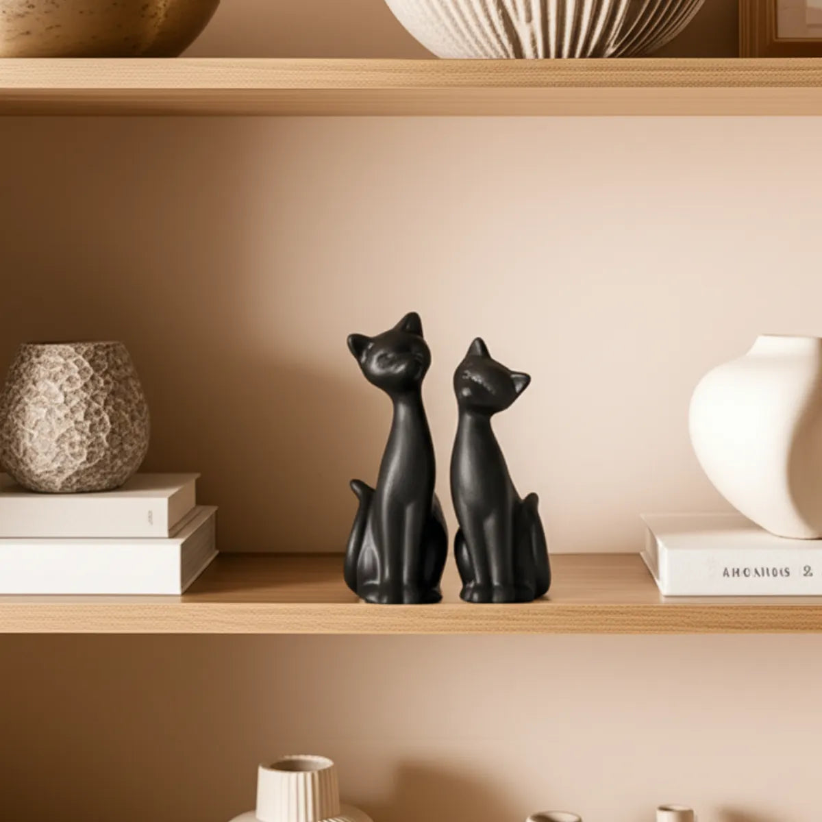 escultura-estatua-decorativa-casal-de-gatos-modernize-foto-duas-estatuas-de-gatos-em-estante
