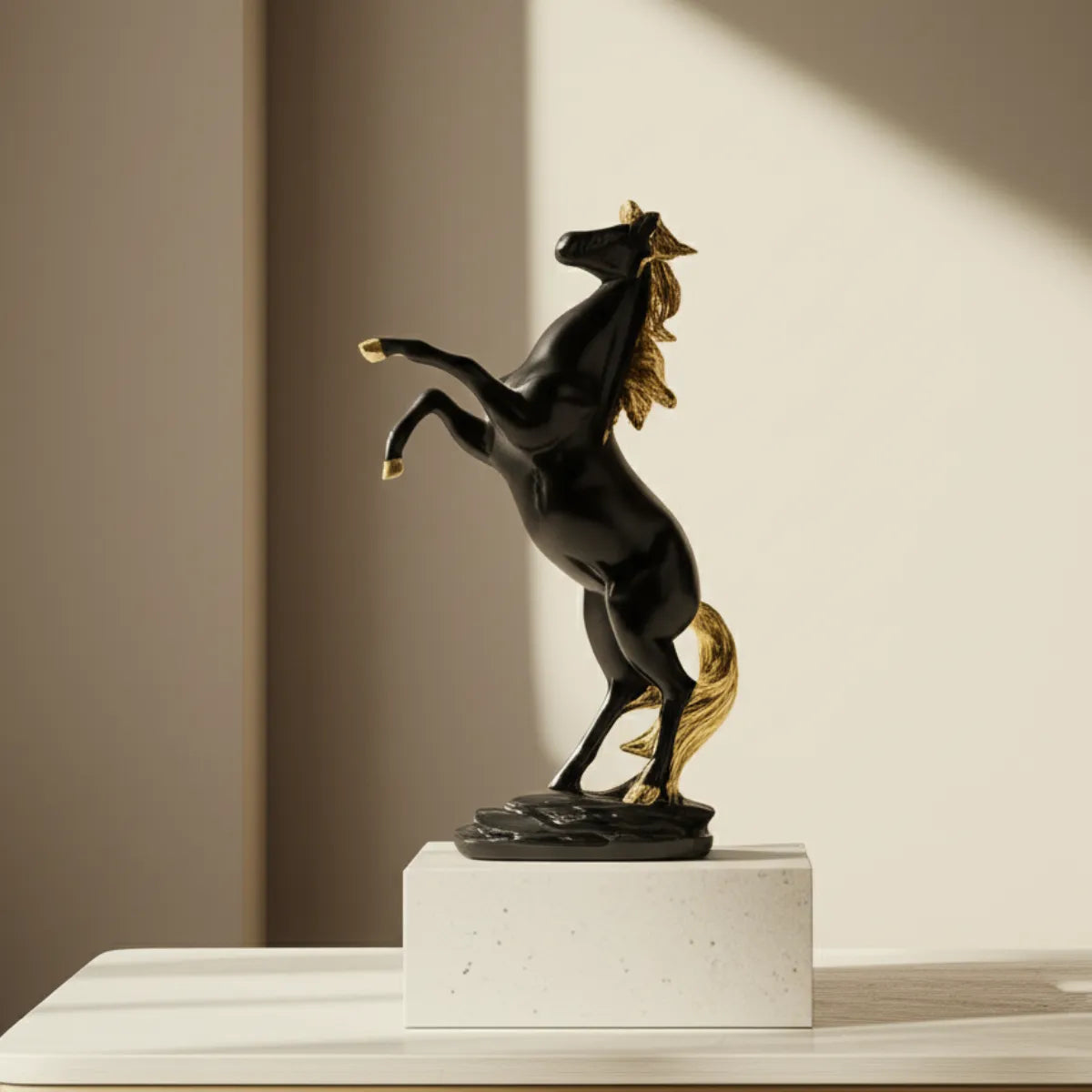 escultura-decorativa-cavalo-em-pe-preto-modernize-foto-escultura-de-cavalo-sobre-quadrado-em-sala-minimalista