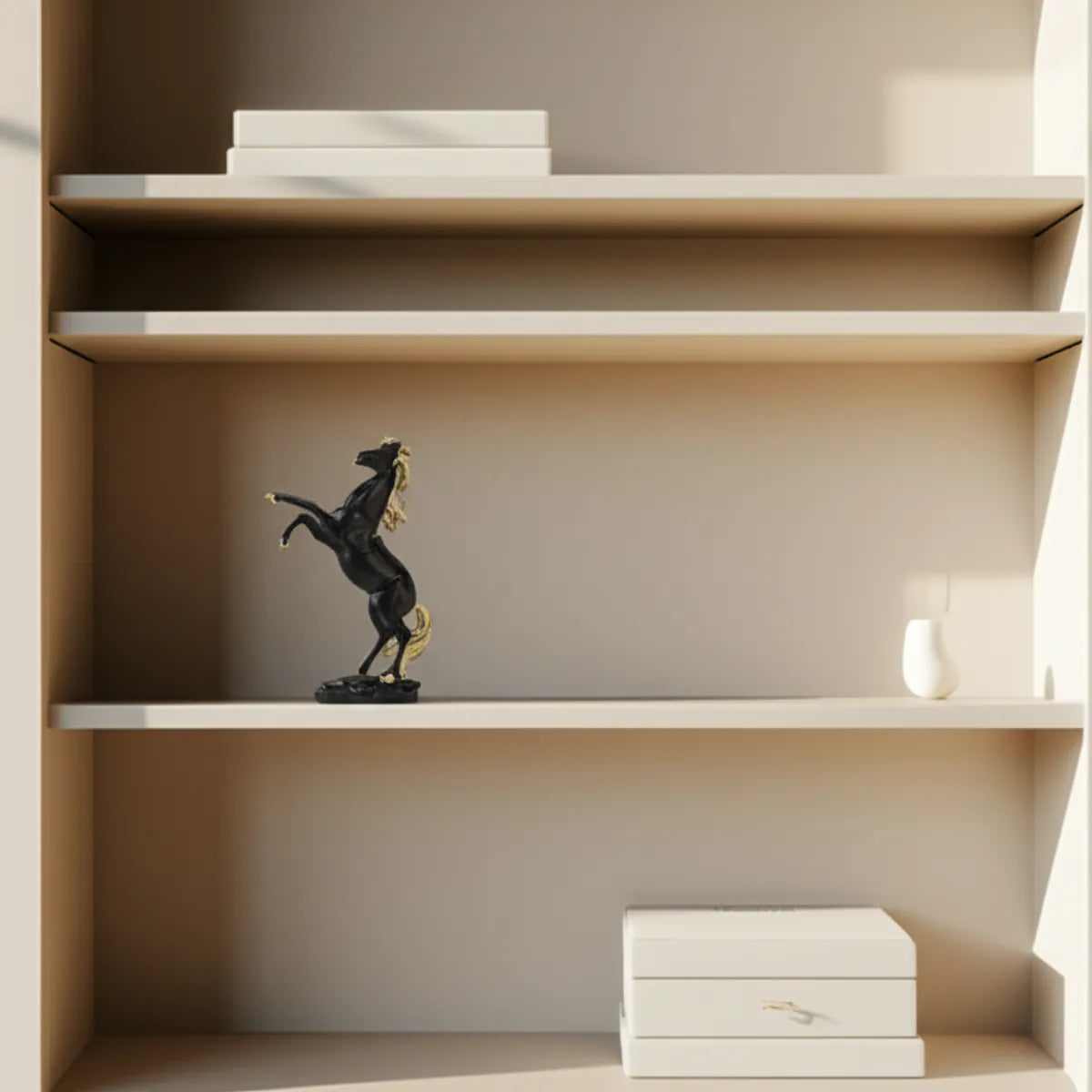 escultura-decorativa-cavalo-em-pe-preto-modernize-foto-escultura-de-cavalo-em-estante-minimalista