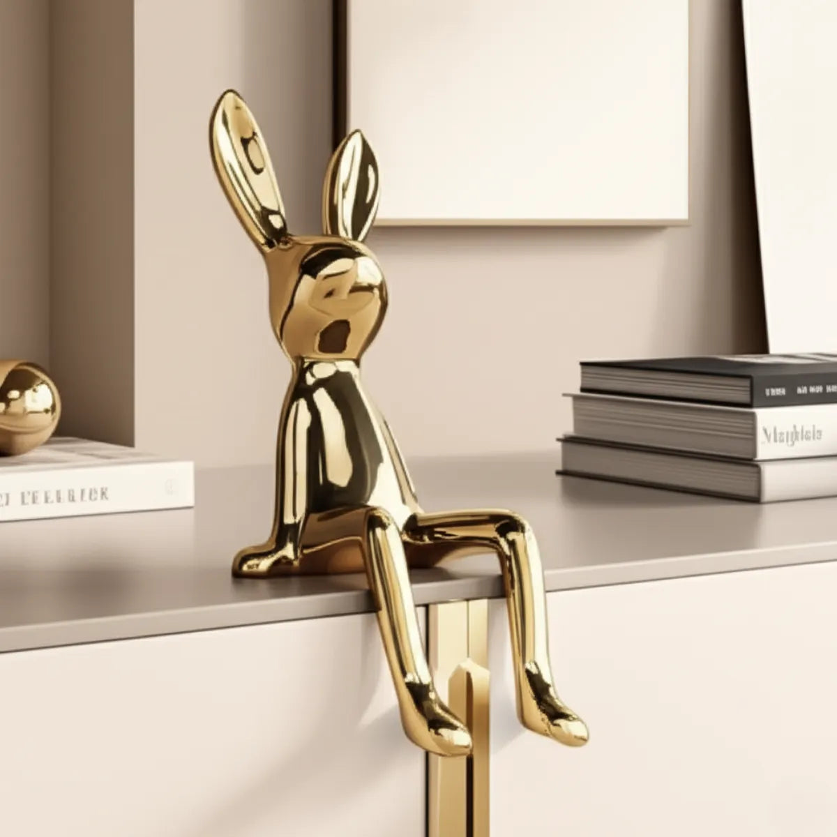 escultura-decorativa-coelho-dourado-modernize-foto-lateral-escultura-de-coelho-em-mesa-moderna-com-livro