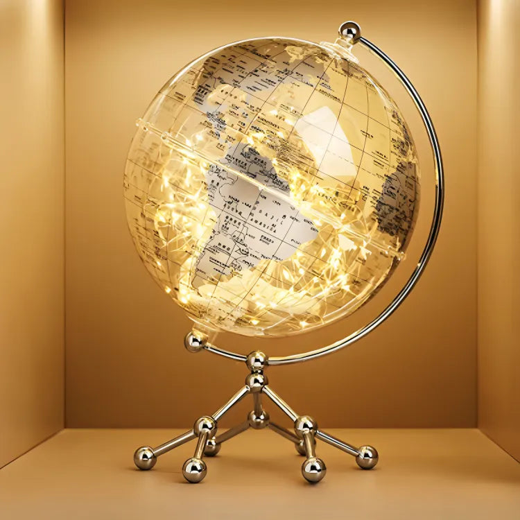 escultura-decorativa-globo-terrestre-iluminado-dourado-modernize-foto-frente-globo-sobre-estante