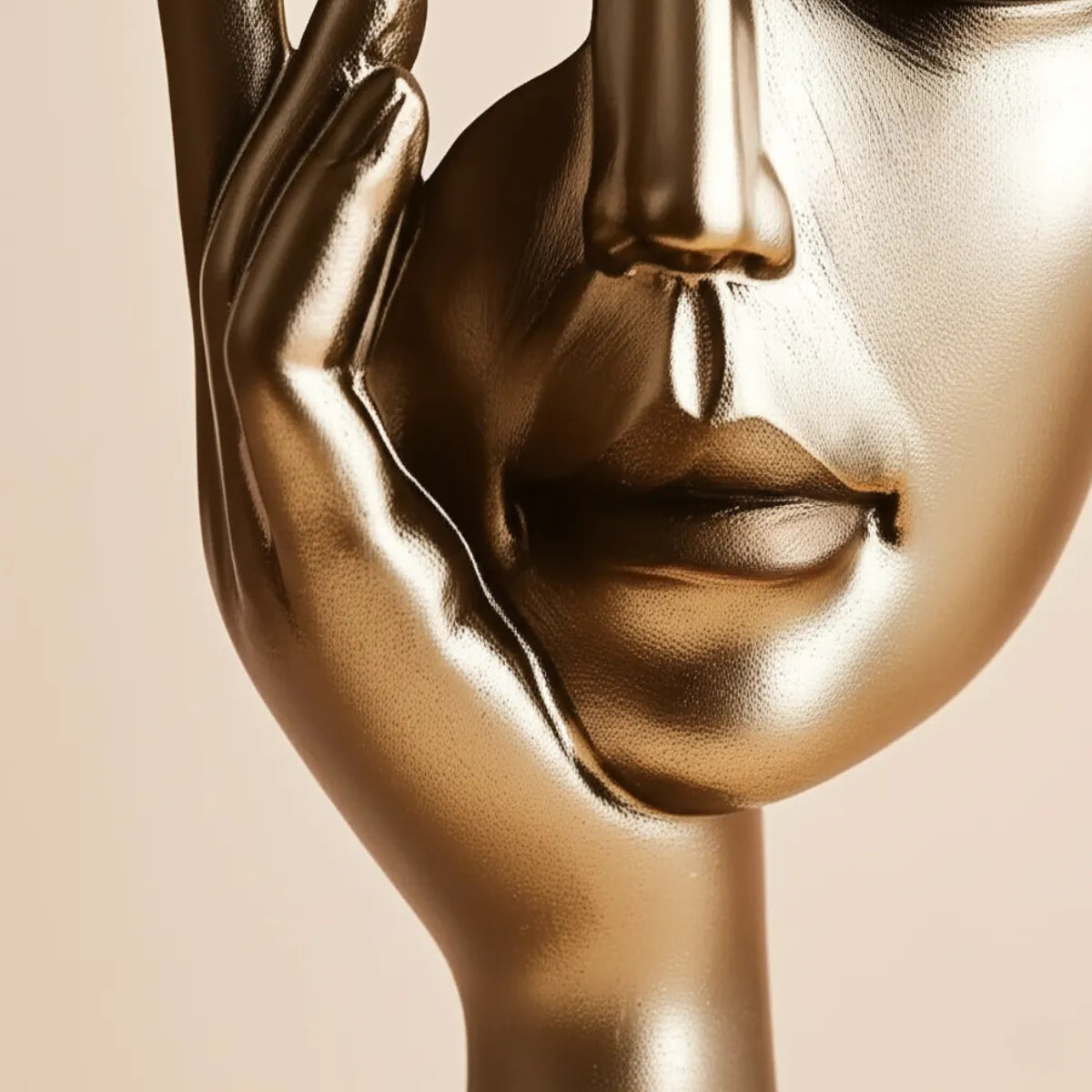 escultura-decorativa-mao-na-face-dourado-modernize-foto-detalhe-escultura-fundo-bege-claro