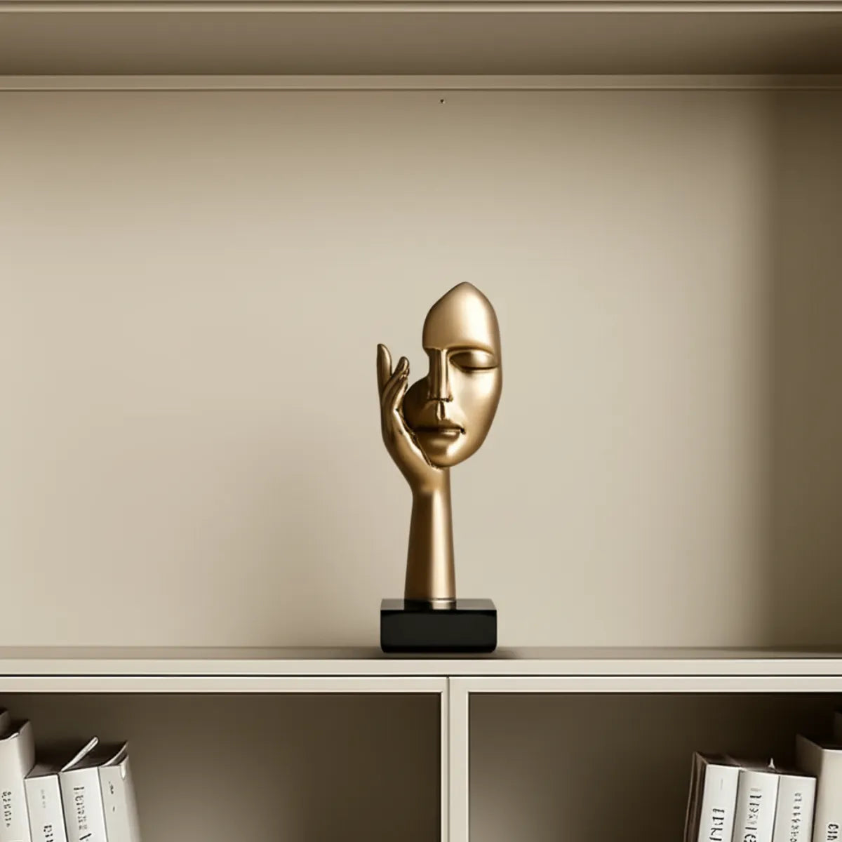 escultura-decorativa-mao-na-face-dourado-modernize-foto-escultura-em-estante-sofisticada-fundo-bege-claro