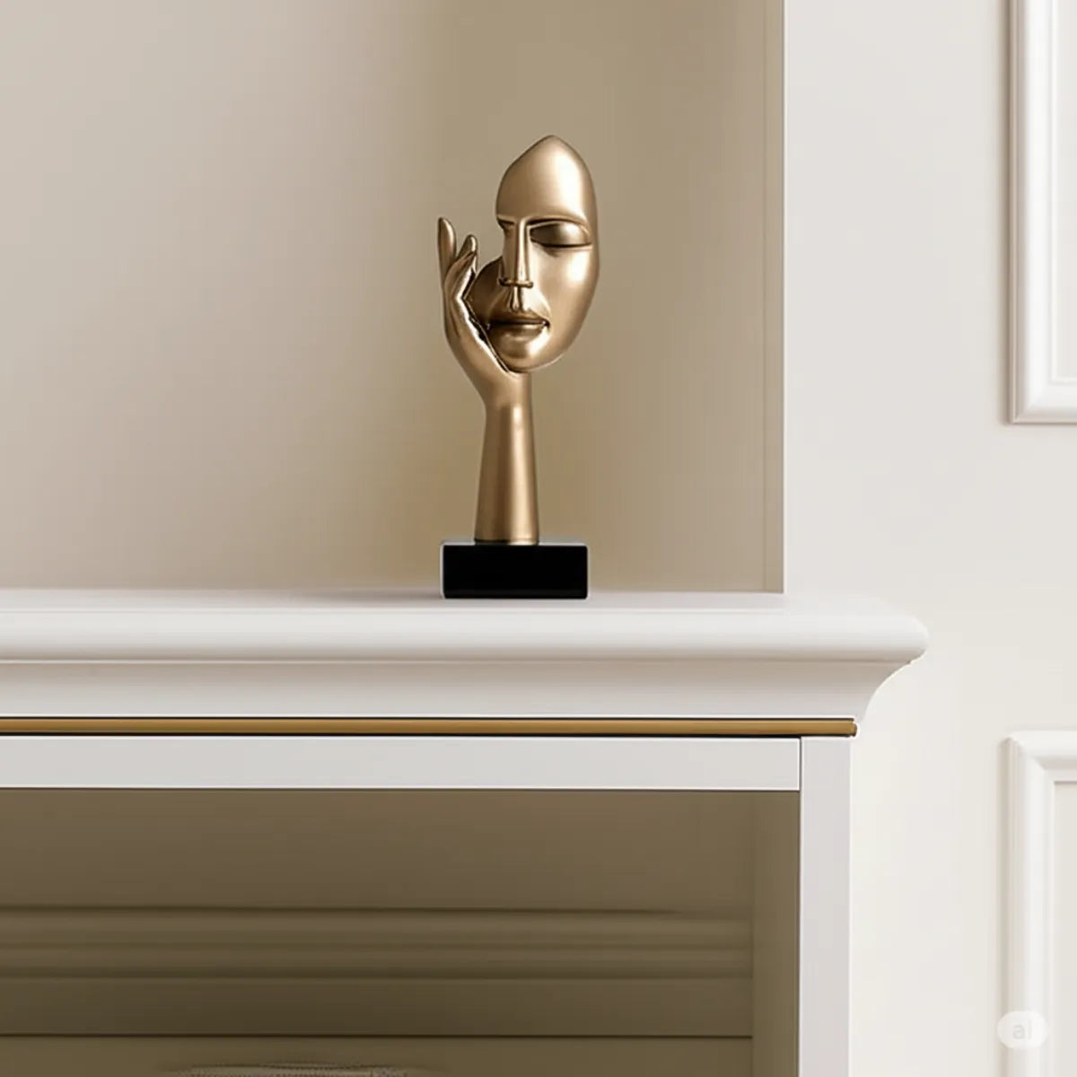 escultura-decorativa-mao-na-face-dourado-modernize-foto-escultura-em-sala-sofisticada-fundo-branco-claro