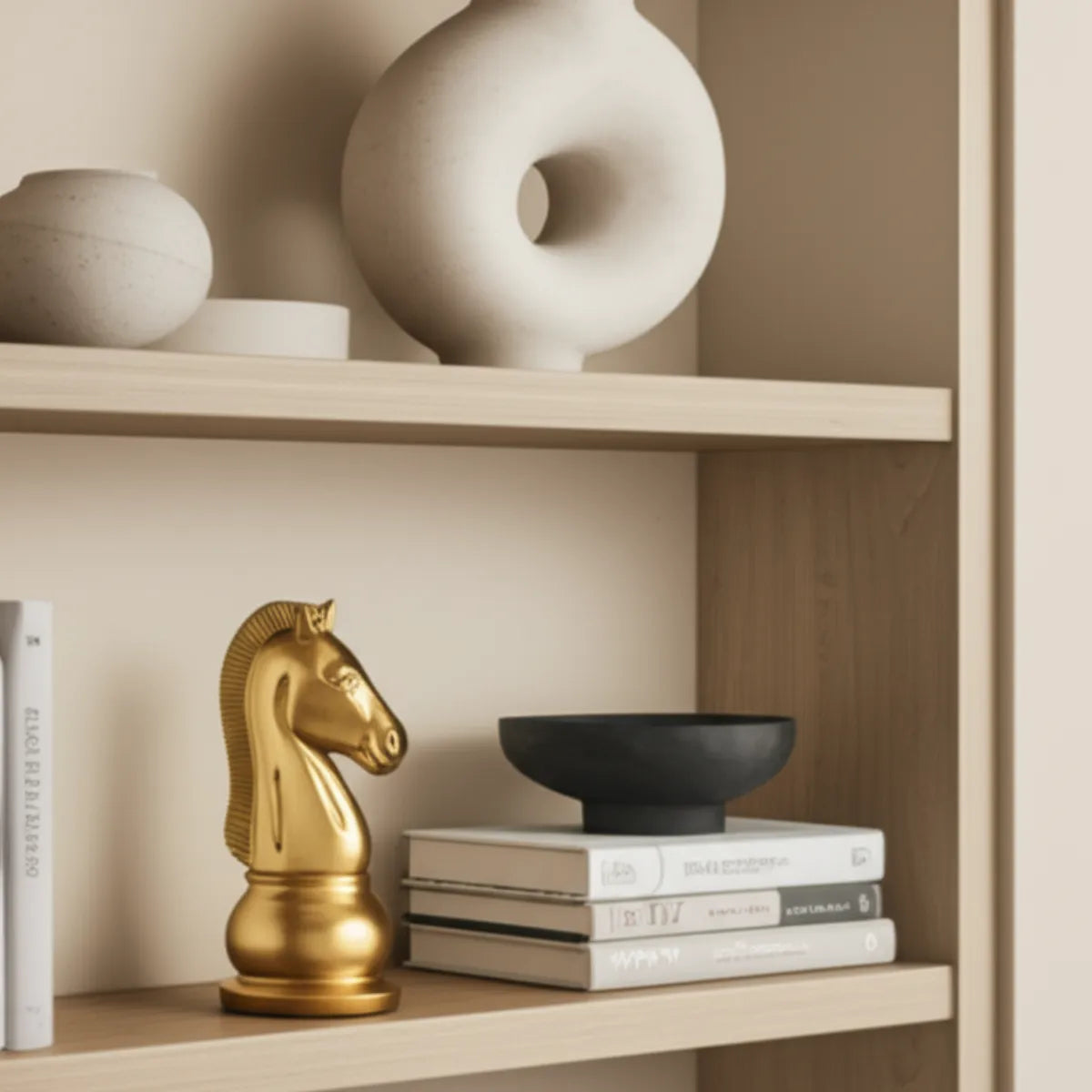escultura-decorativa-peca-de-xadrez-cavalo-dourado-modernize-foto-escultura-em-estante-de-sala-minimalista-ambiente-claro-bege