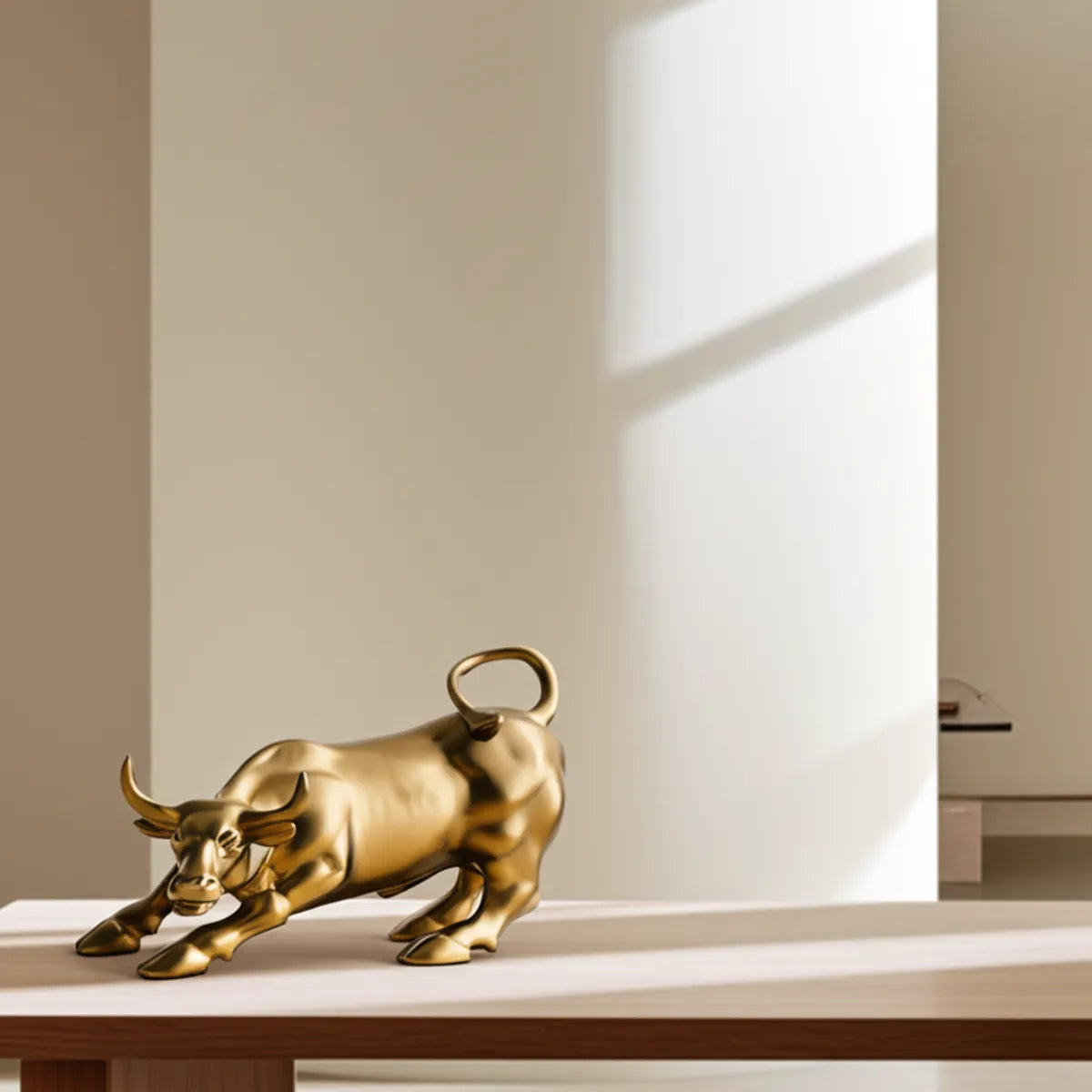 escultura-decorativa-touro-wall-street-dourado-modernize-foto-distante-escultura-touro-em-mesa-moderna-branca