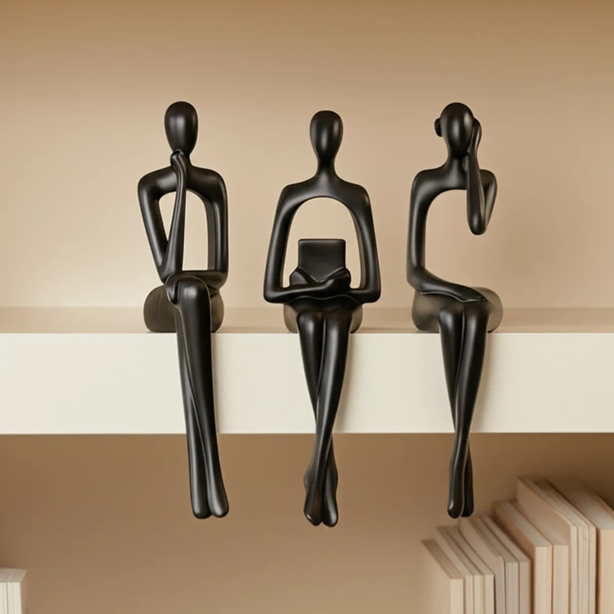 escultura-decorativa-trio-abstrato-preto-modernize-foto-estatuas-sobre-prateleira-em-ambiente-claro-minimalista-fundo-bege
