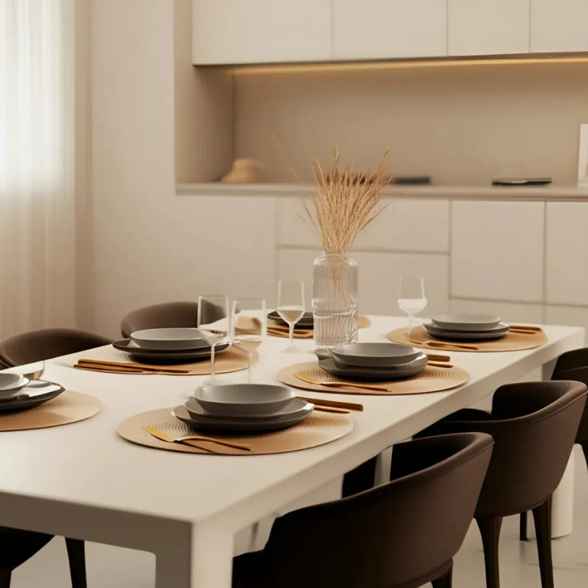 jogo-americano-redondo-sousplat-trancado-dourado-6-lugares-modernize-foto-seis-sousplat-em-mesa-posta-sofisticada-cozinha-clara-bege