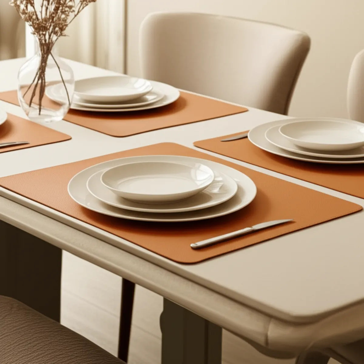 jogo-americano-retangular-couro-double-marrom-6-lugares-modernize-foto-jogo-americano-em-mesa-sofisticada-ambiente-claro-tons-beges
