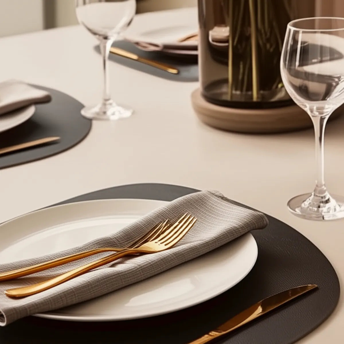 jogo-americano-sousplat-organico-couro-preto-4-lugares-modernize-foto-perto-sousplat-em-mesa-posta-luxuosa-cozinha-ambiente-claro
