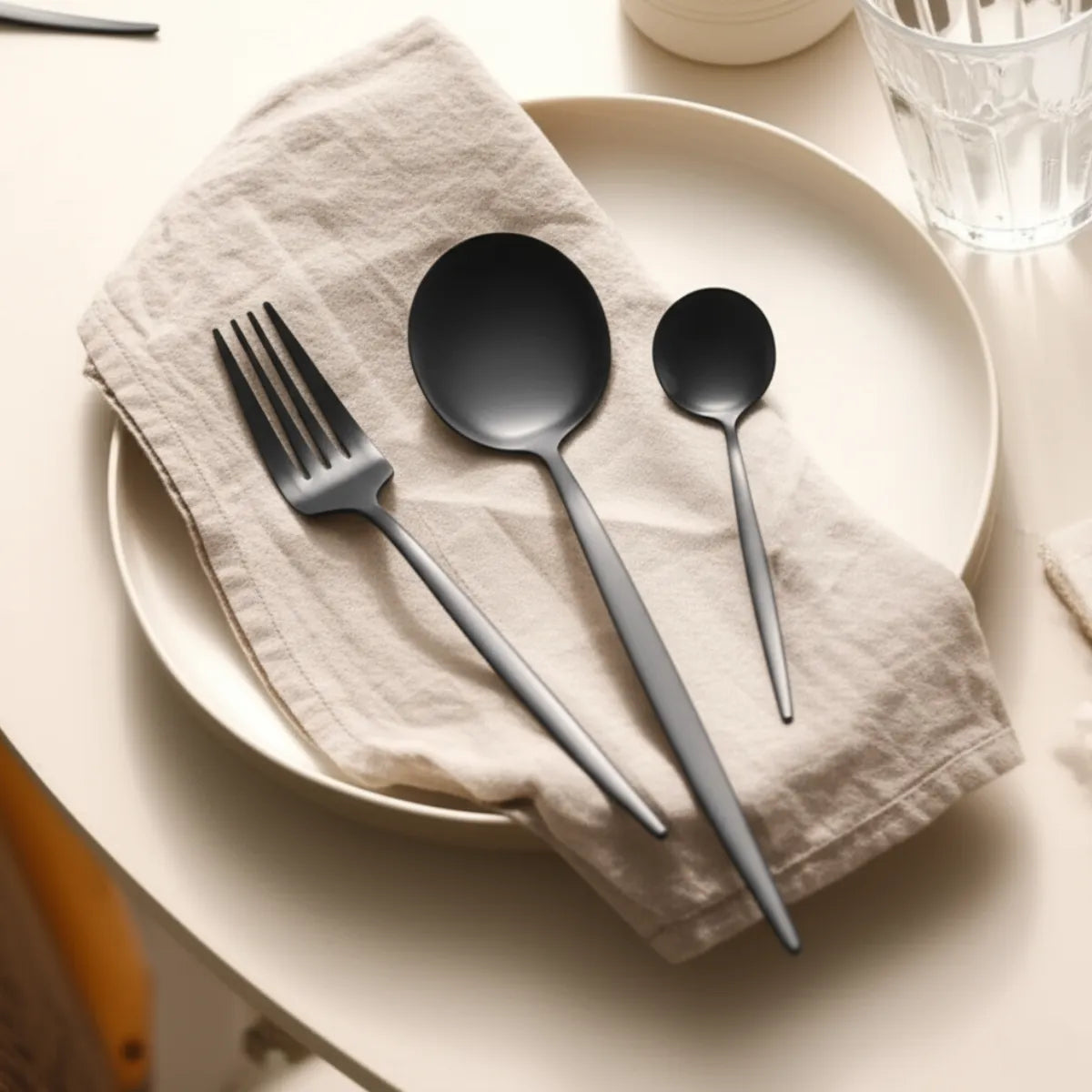 jogo-de-talheres-em-inox-elegance-preto-30-pecas-modernize-foto-talheres-em-prato-mesa-moderna-ambiente-claro