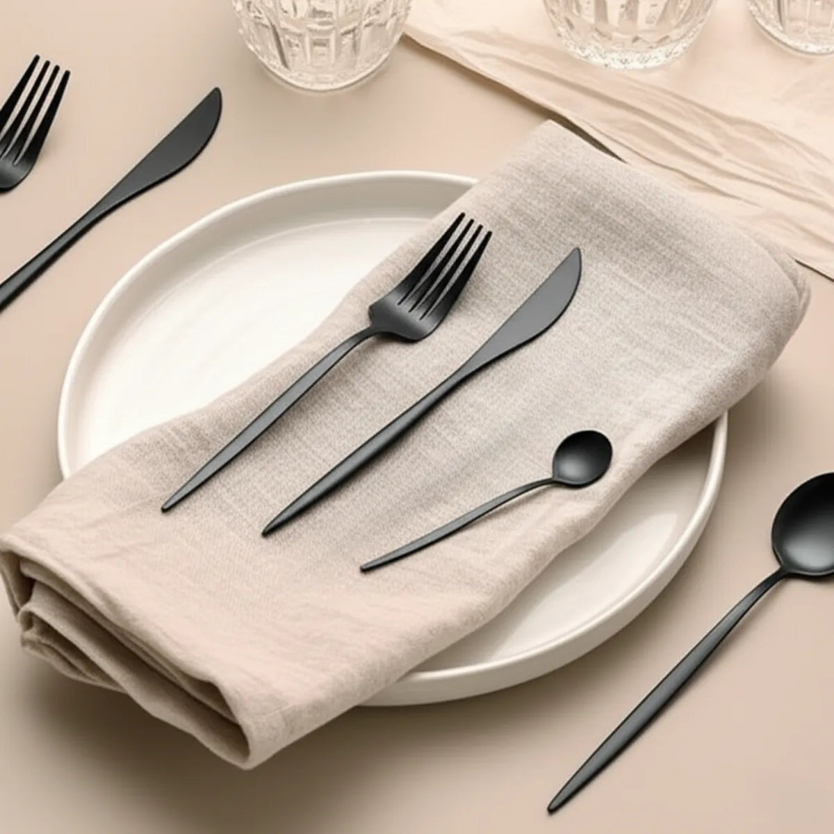 jogo-de-talheres-em-inox-elegance-preto-30-pecas-modernize-foto-talheres-em-prato-mesa-minimalista-ambiente-claro