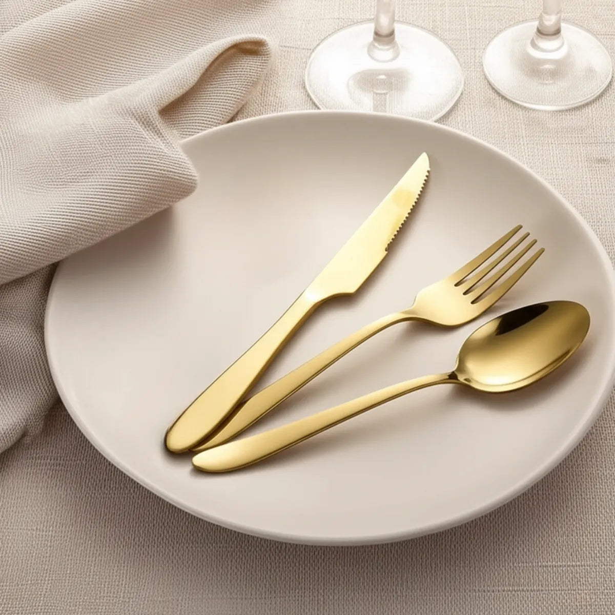 jogo-de-talheres-em-inox-golden-dourado-24-pecas-modernize-foto-talheres-dourados-em-prato-branco-mesa-posta