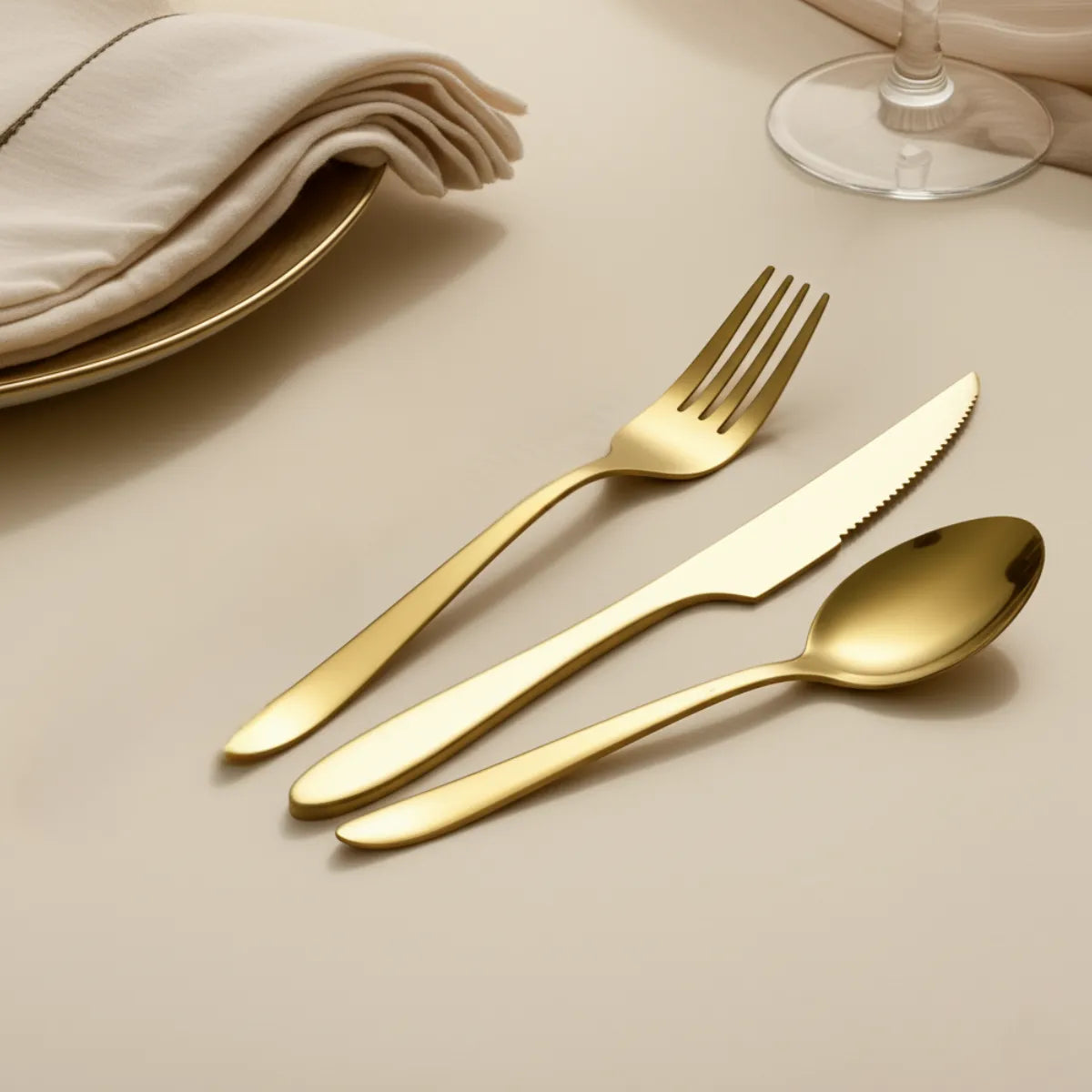 jogo-de-talheres-em-inox-golden-dourado-24-pecas-modernize-foto-talheres-dourados-em-mesa-de-jantar-bege