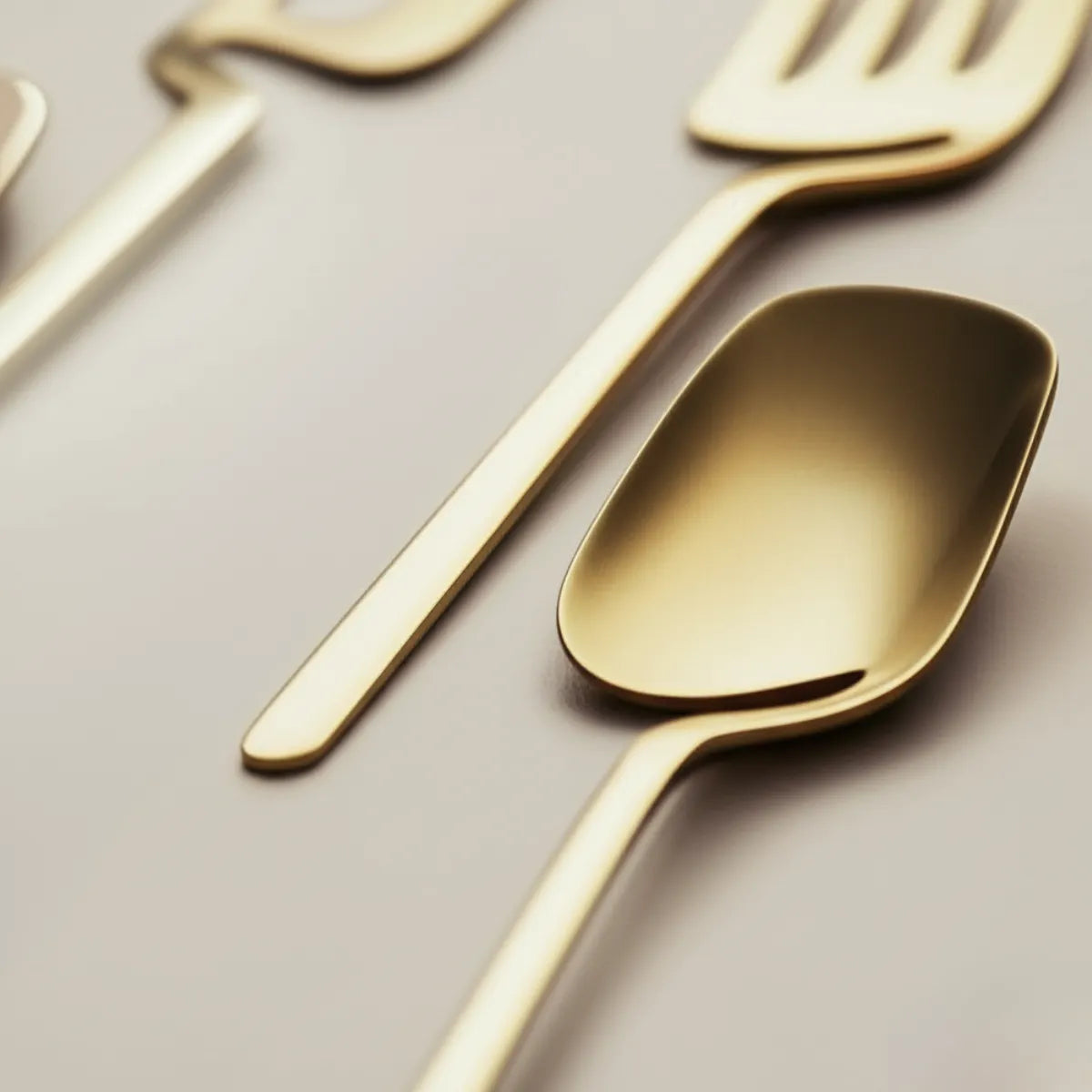 jogo-de-talheres-em-inox-linha-luxo-dourado-32-pecas-modernize-foto-detalhe-talheres-em-fundo-bege-ambiente-claro
