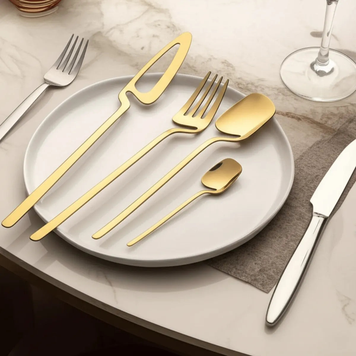 jogo-de-talheres-em-inox-linha-luxo-dourado-32-pecas-modernize-foto-talheres-em-prato-branco-mesa-moderna-ambiente-claro