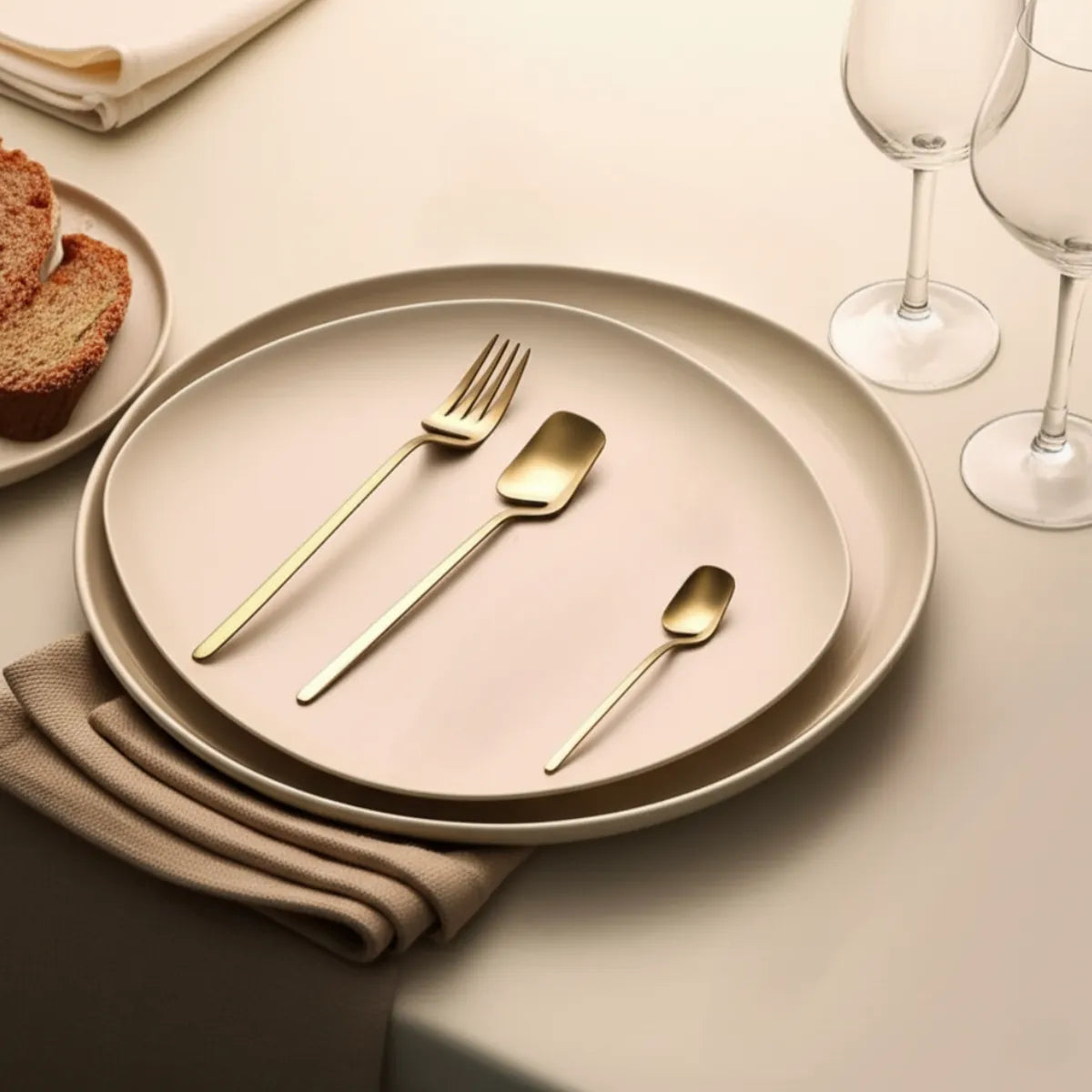 jogo-de-talheres-em-inox-linha-luxo-dourado-32-pecas-modernize-foto-talheres-em-prato-grande-moderno-branco-ambiente-claro